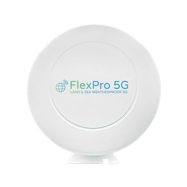 A round, white FlexPro 5G router with a global network icon and "FlexPro 5G LAND & SEA WEATHERPROOF 5G" text in blue and green, set against a white background. It has a small integrated stand at the bottom.