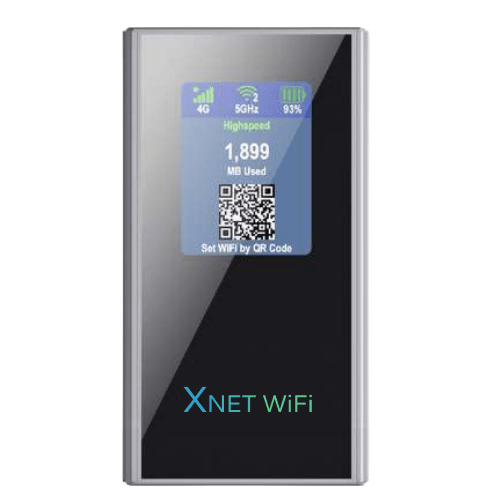 A silver and black Xplorer Hotspot device with its screen illuminated, displaying "4G", "5GHz", battery life (93%), "Highspeed", "1,899 MB Used", and a QR code with "Set WiFi by QR Code" below it. The XNET WIFI logo is visible at the bottom of the device.