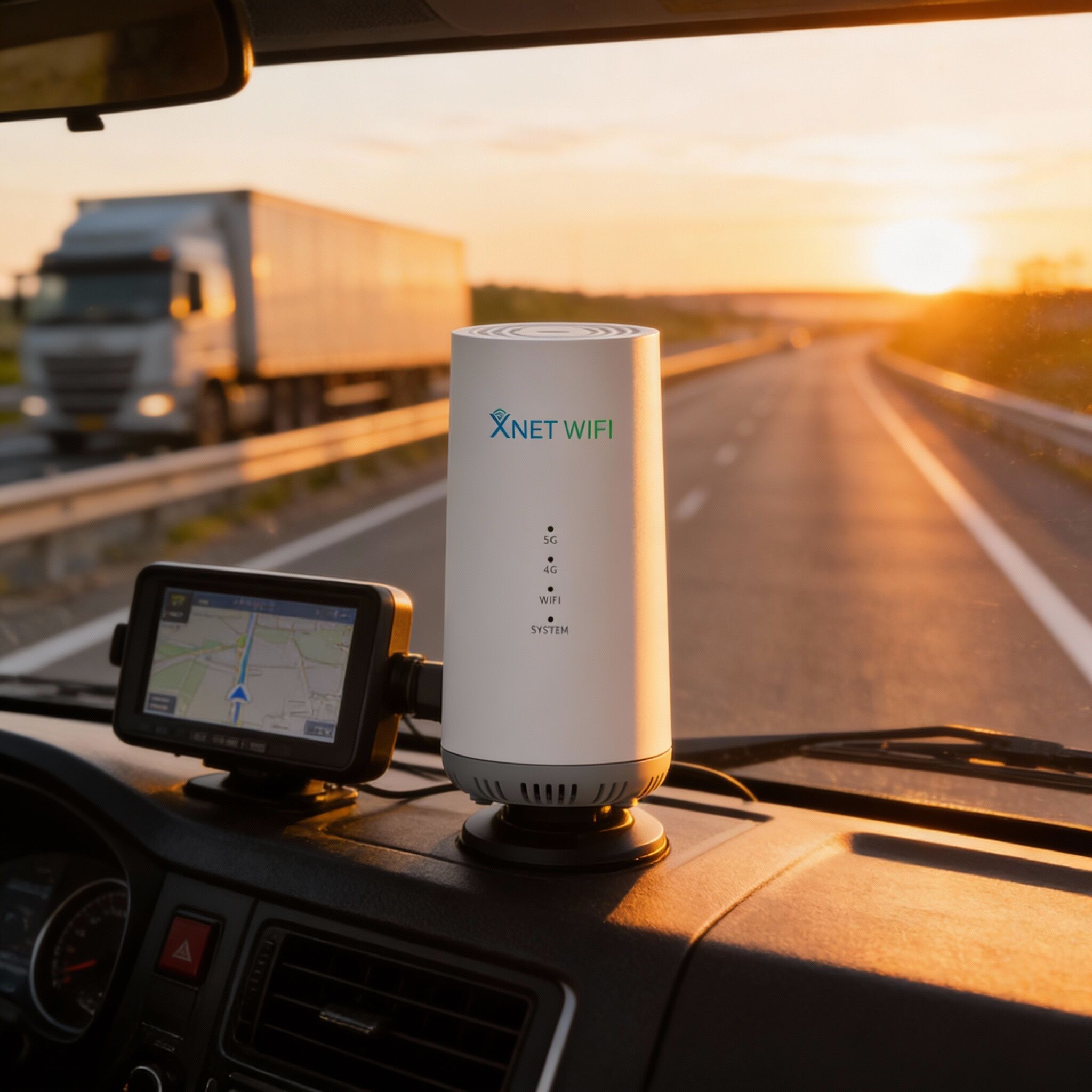 XNET WIFI router mounted on a truck dashboard next to a GPS unit, with a highway stretching into the sunset in the background.