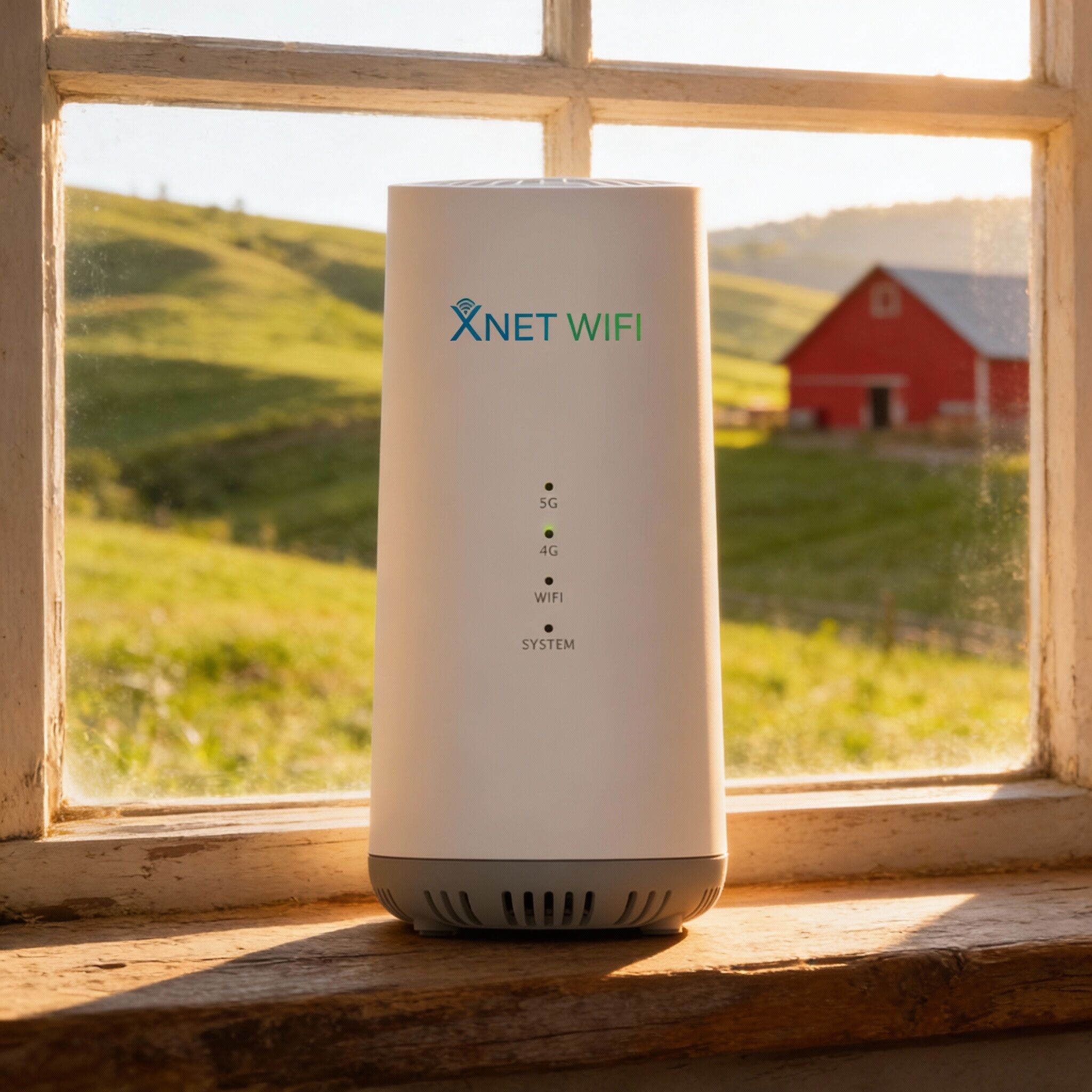Close-up view of a sleek white 5G router placed on a weathered, rustic window frame with a red barn visible through the glass.