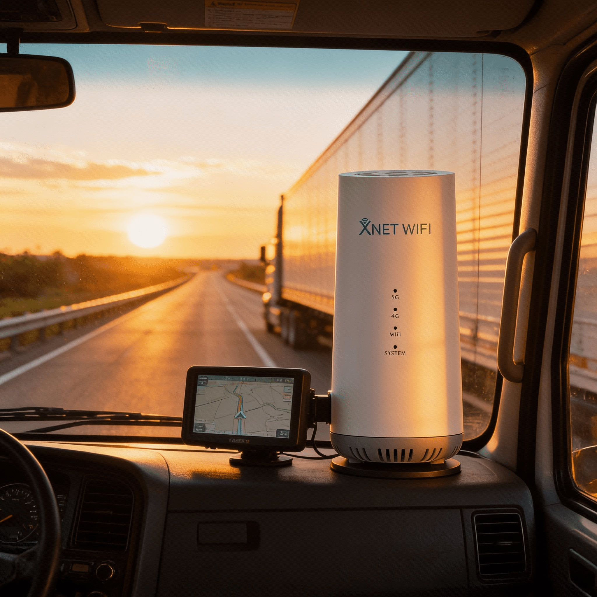 View from the passenger side of a semi-truck showing a white 5G router on the dash while driving past another truck on the highway.